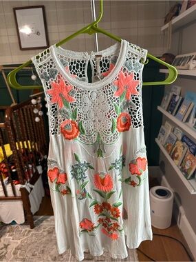 Free People White Crochet Tank with Coral & Green Floral Embroidery